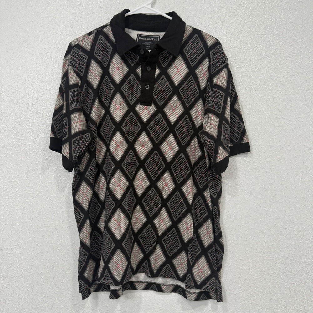 Foot Locker Mens Large Black Argyle Geometric Diamond Print Cotton Polo Shirt